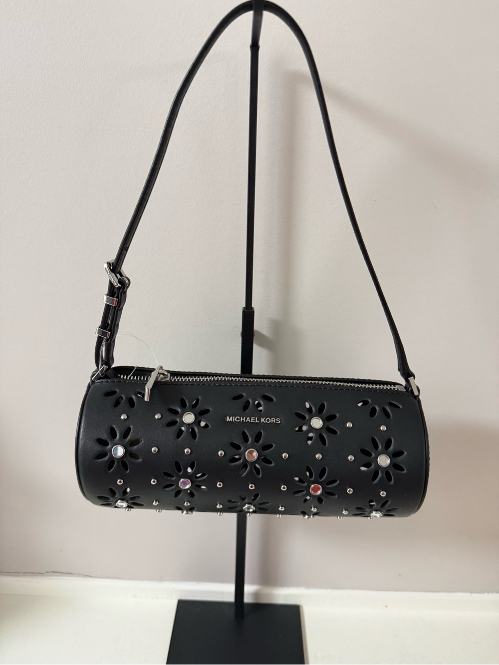 Michael Kors Black Floral Cutout Barrel Shoulder Bag with Crystal Accents